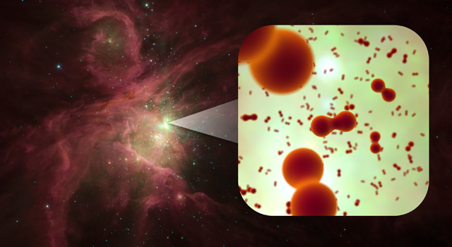 This infrared image from NASA's Spitzer Space Telescope shows the Orion nebula, our closest massive star-making factory, 1,450 light-years from Earth. The nebula is close enough to appear to the naked eye as a fuzzy star in the sword of the popular hunter