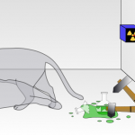 Um gato, junto com um frasco contendo veneno, é colocado numa caixa. Se um contador Geiger detectar radiação então o frasco é quebrado, libertando o veneno que mata o gato. A mecânica quântica sugere que depois de um tempo o gato está simultaneamente vivo e morto. Quando se olha para dentro da caixa, apenas se vê o gato ou vivo ou morto, não uma mistura de vivo e morto.