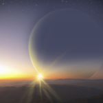 Concepção artística de um pôr-do-sol a partir de uma lua como a Terra que orbita o planeta gigante PH2-b. Crédito: H. Giguere, M. Giguere / Yale University