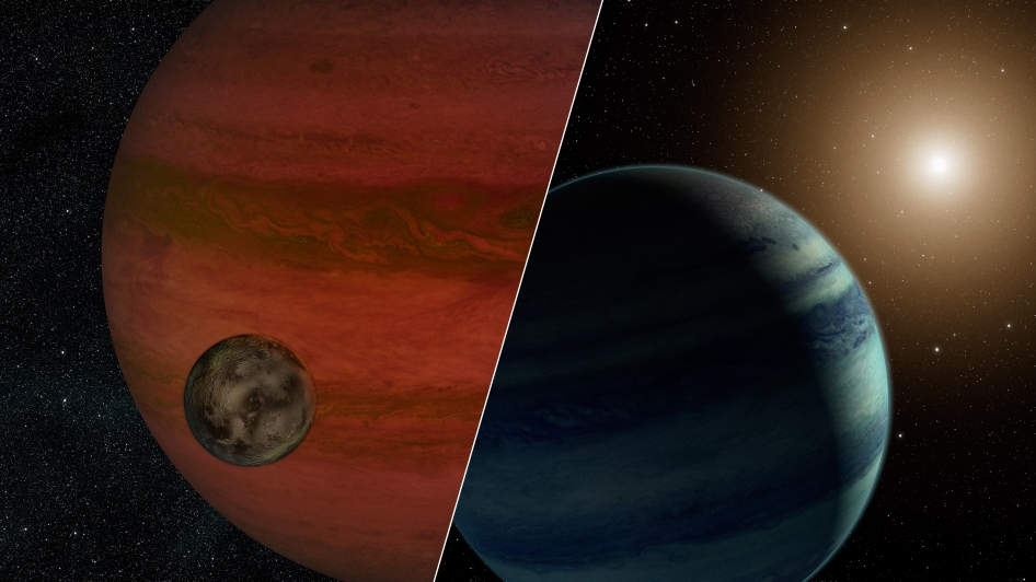 Investigadores detectaram o primeiro candidato a exolua, usando a técnica de microlente gravitacional. Pode tratar-se de uma lua e um planeta ou de um planeta e uma estrela. A imagem (concepção artística) retrata as duas possibilidades. Crédito: NASA/JPL-Caltech